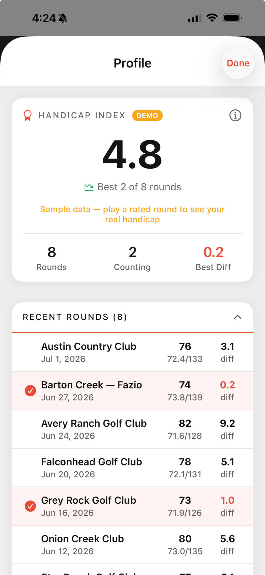 Coach by ATX iPhone app — WHS Handicap Calculator screen