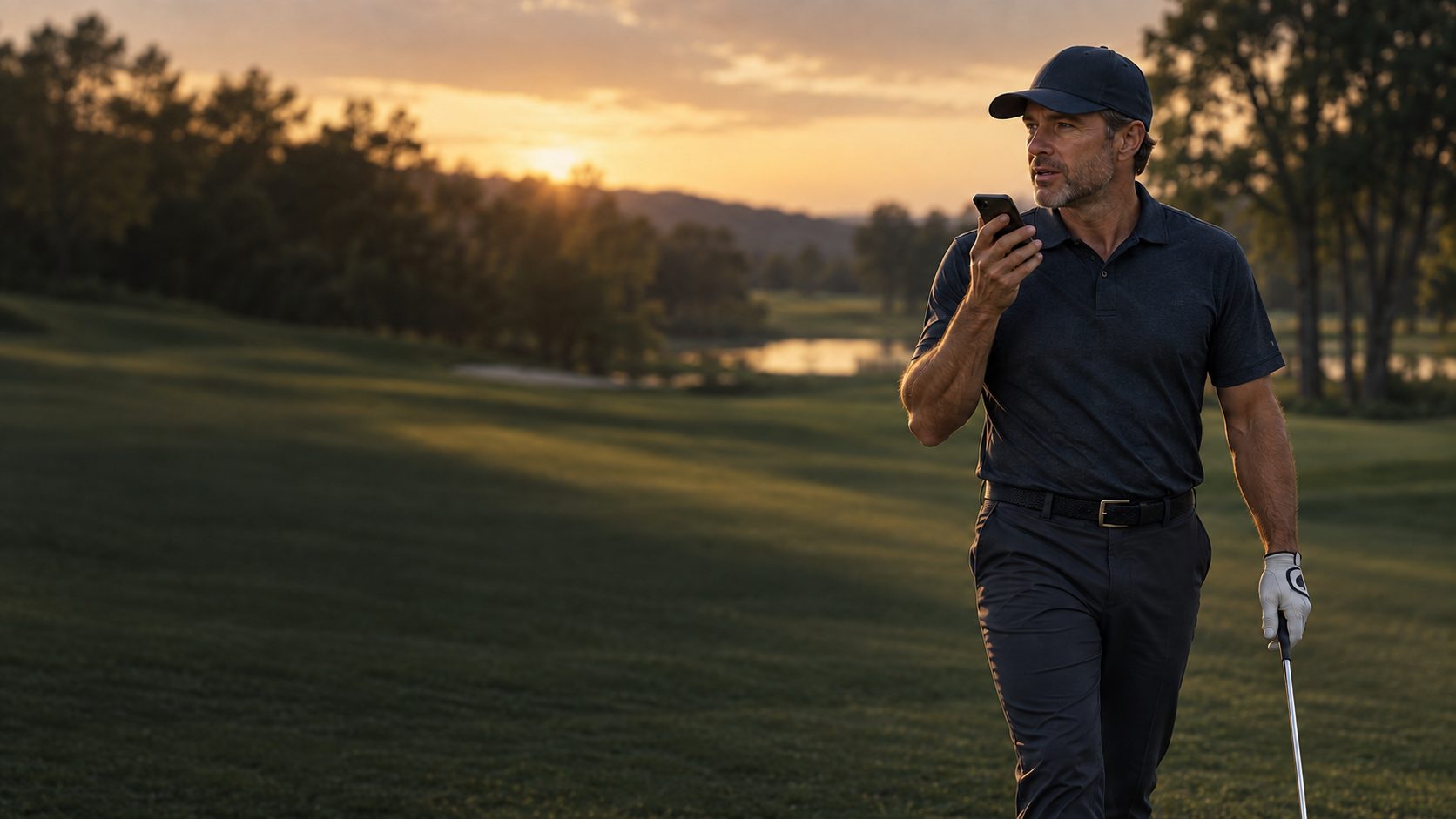 Golfer speaking into his phone to log a shot by voice on a golf course at sunset