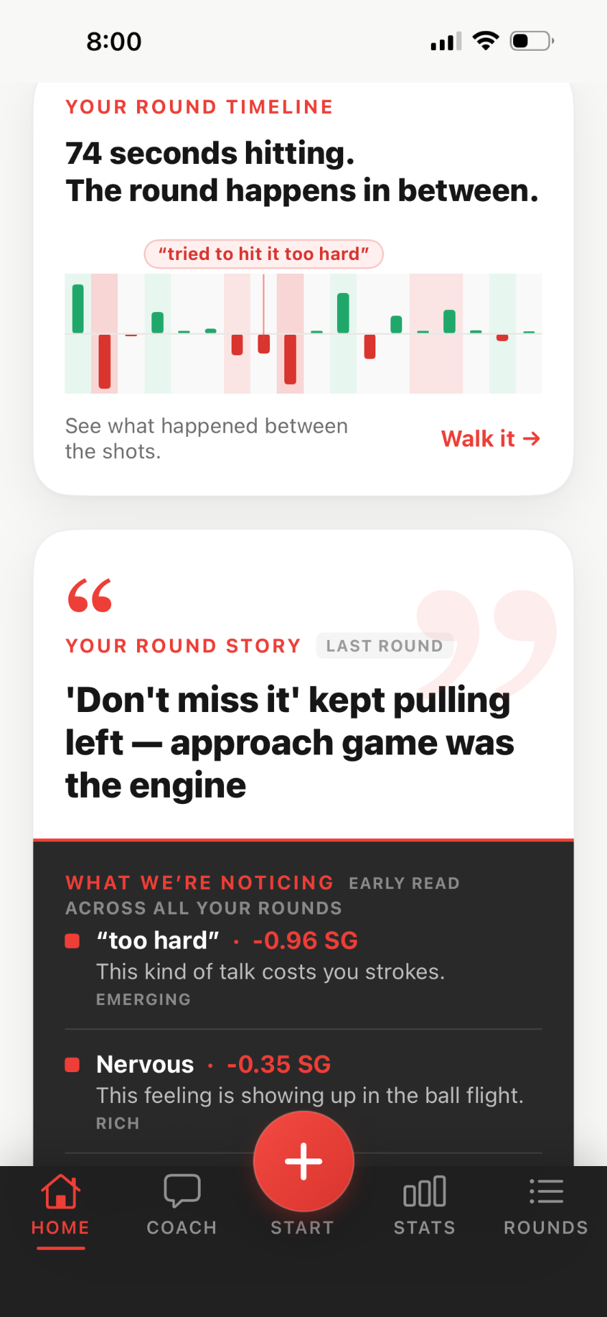 Coach by ATX iPhone app showing the Your Round Timeline strokes-gained bar chart and Your Round Story with patterns and strokes-gained numbers