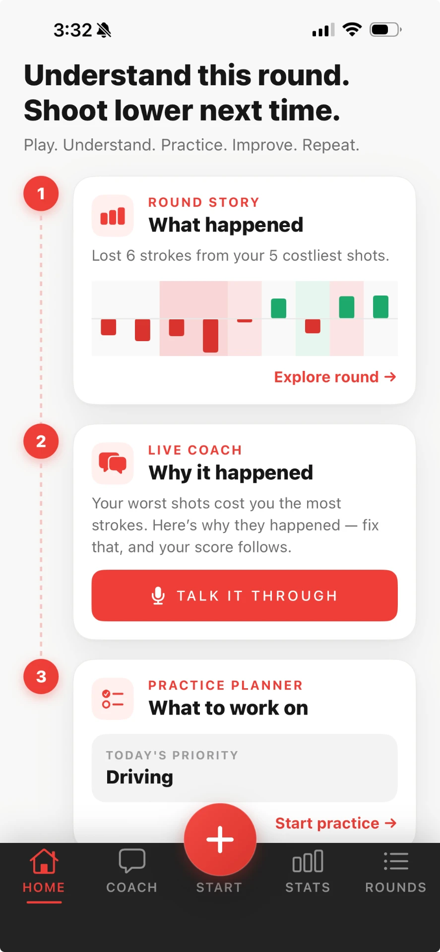 Coach by ATX iPhone home screen showing Round Story (what happened), Live Coach (why it happened), and Practice Planner (what to work on)